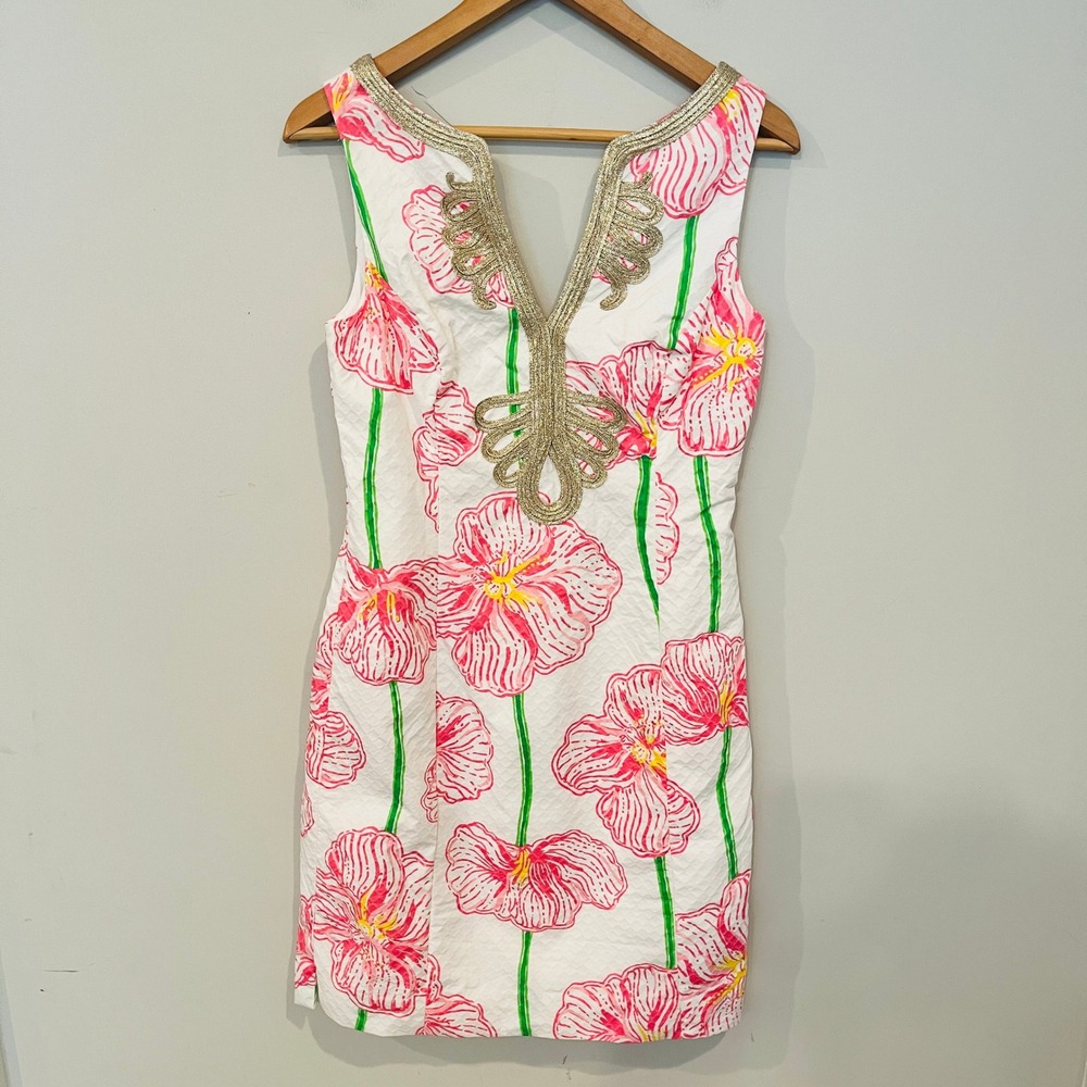 Lilly Pulitzer Janice Shift Dress Floral Gold Soutache White Pink 4 Resortwear